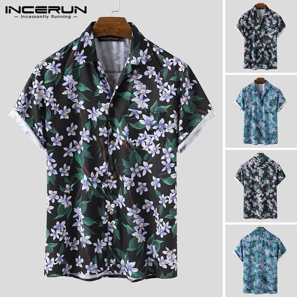 

men's casual shirts incerun short sleeve lapel shirt summer hawaiian vacation blusas fashion men flower printed breathable s-3xl1, White;black