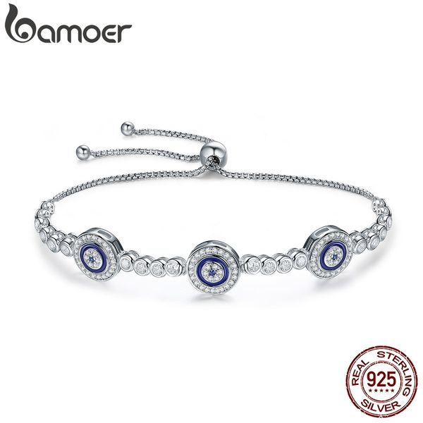 

bamoer new arrival genuine 925 sterling silver luxury round blue eyes clear cubic zircon crystal tennis bracelet jewelry scb002 q1201, Black