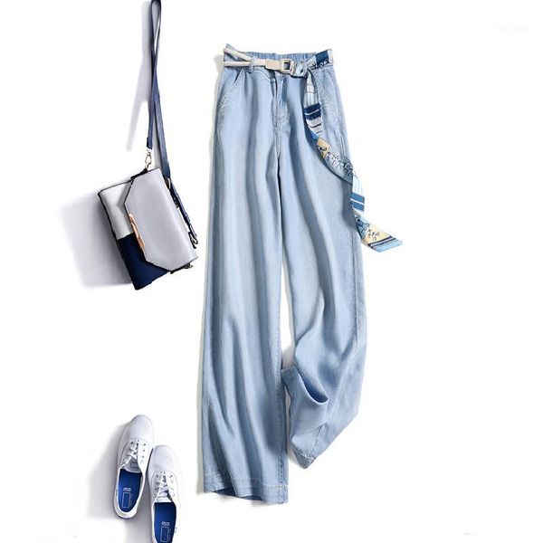 

summer thin and light ~ jeans drape straight wide leg pants casual mopping pants with belt high waist women1, Blue