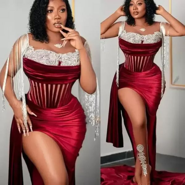 2022 novo tamanho tamanho árabe aso ebi borgonha luxuoso veludo vestidos de baile de renda frisada noite festa formal segunda recepção aniversário vestido vestido vestido