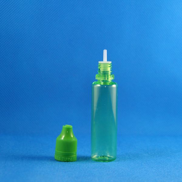 Ausverkauf! 100 Sätze/Los 25 ml UNICORN GREEN PET-Kunststoff-Tropfflaschen mit kindersicheren, manipulationssicheren Sicherheitskappen, teilbar, langer, dünner Spitze, zur Aufbewahrung von 25 ml Flüssigkeit