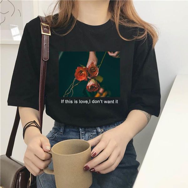 

если это любовь, я не хараджуку мультяшный стиль напечатанный роза свободно черный большой рукав женский круглый воротник футболка, White