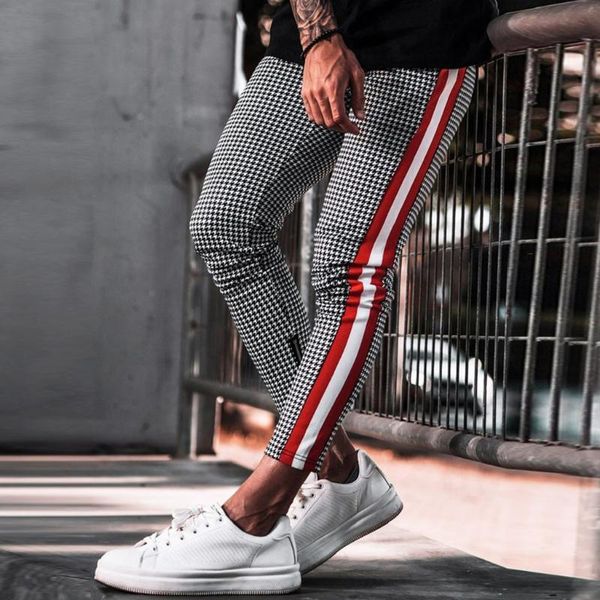 

men plaid drawstring long pants fashion joggers casual sports running sweatpants trousers male slim fit pants, Black
