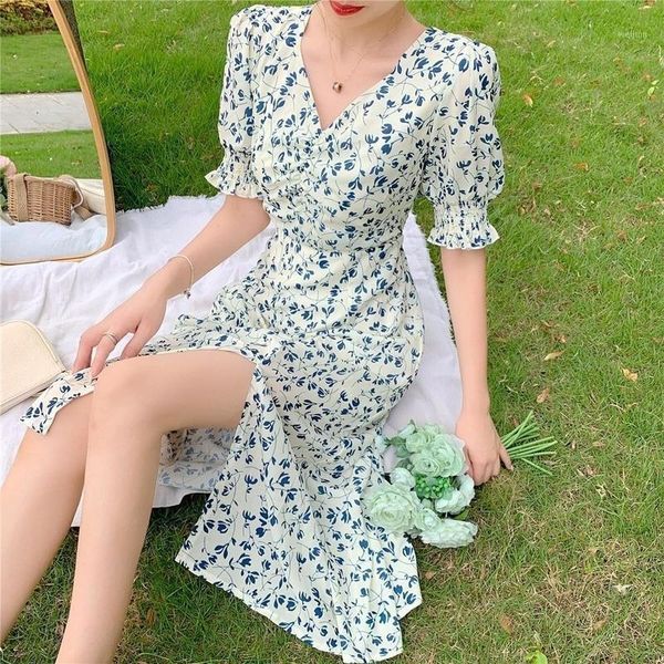 

summer floral dress women french vintage retro split dress office lady casual slim fit designer fairy mini 2020 new1, Black;gray