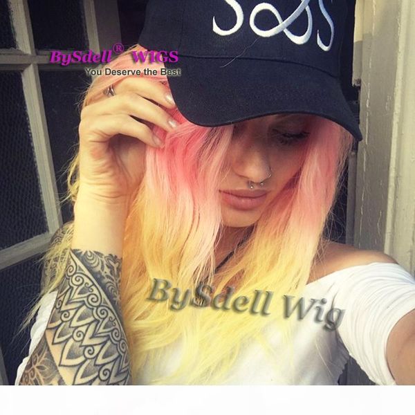 

new stylish synthetic pastel ombre rose red ombre to yellow color hair women lace front wig female mermaid unicorn fashion lace front wigs, Black