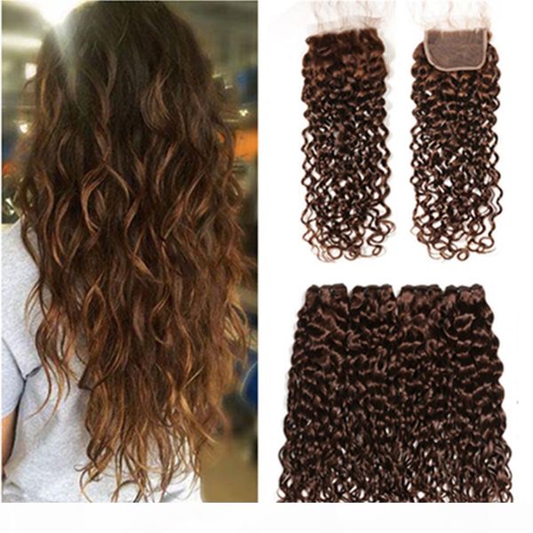 

#4 dark brown malaysian wet and wavy human hair 4bundles with closure chocolate brown human hair weave wefts with 4x4 lace front closure, Black