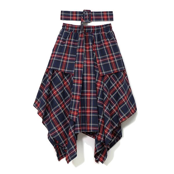 

eam] 2020 new spring high waist red plaid split joitn loose big hem half-body skirt women fashion tide all-match jd402 q1209, Black