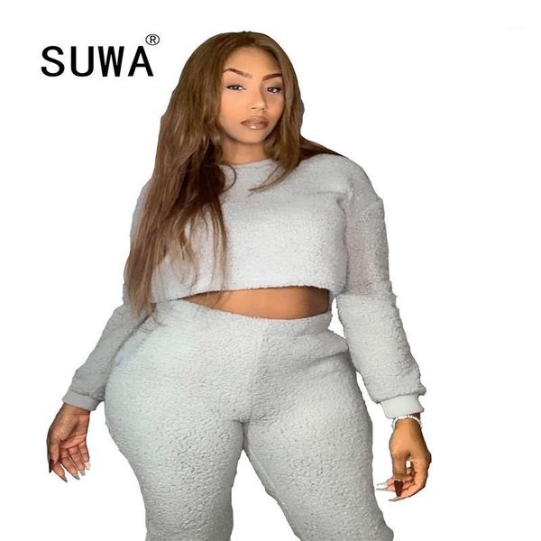 

active wear workout sportswear women's set long sleeve loose crop hoodie jogger sweatpant fall winter warm soft two piece outfit1, Gray