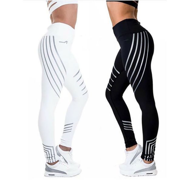 Donne solidi fitness palestra che leggano stampa a strisce stampa leggings sport attività elastico attività yoga pantaloni femmina push up running collant 201202