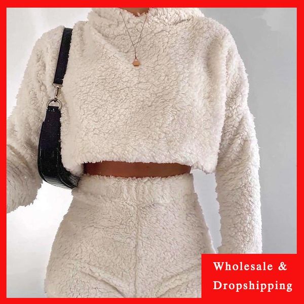 

women's tracksuits 2pcs/sets fluffy suits velvet plush hooded sleepwear shorts+crop women tracksuit casual sports set overalls swea, Gray