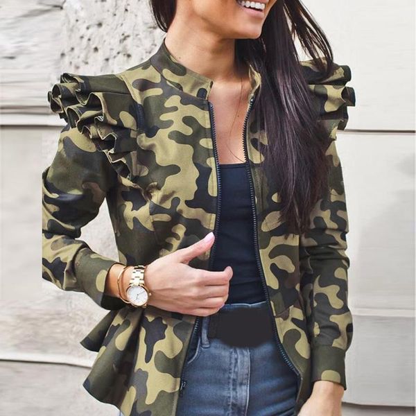 

fashion women slim fit zipper ruffle jacket camouflage plaid polka dot printing spring autumn short jacket ladies outwear, Black;brown