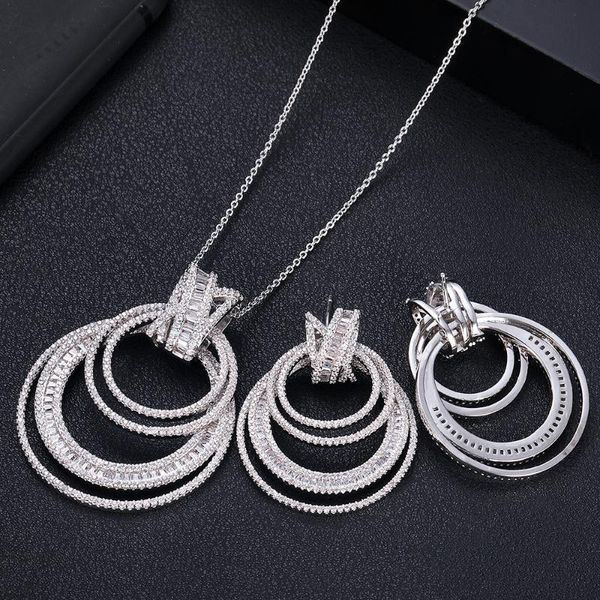 

janekelly trendy wedding necklace earrings for women accessories full cubic zirconia bridal jewelry sets pendientes mujer moda, Silver