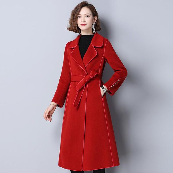 

2020 winter lace up double-sided ni coat fashion temperament women's knee length woolen coat 205806, Black