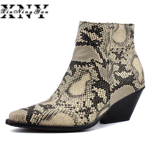 

print snake pu leather women ankle boots zipper pointed toe footwear wedges female boot winter shoes woman 2020 snakeskin bootie, Black