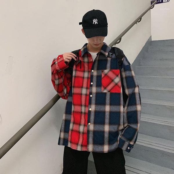 

autumn splicing two-color personality plaid long-sleeved male korean version of the youth trend bf inch clothing jacket tide1, White;black