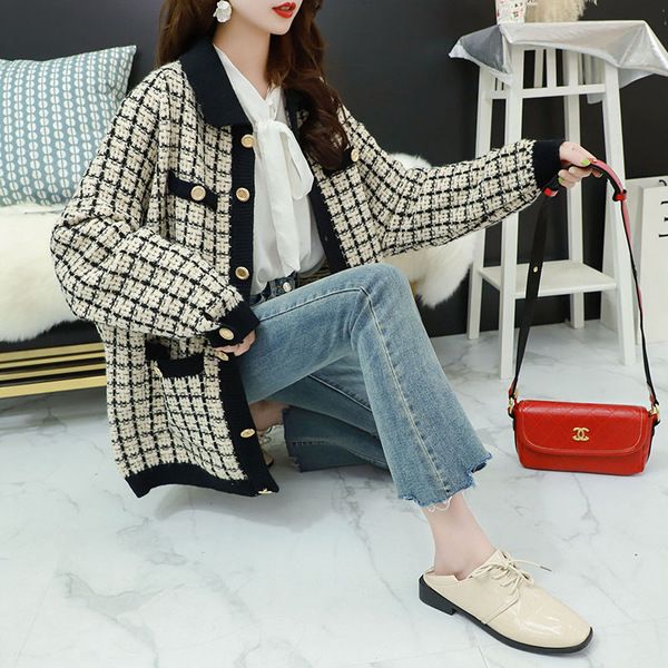 

plaid pocket casual knit cardigans women sweaters 2020 winter white korean single button office ladies daily 3 colors 2020, Black;brown