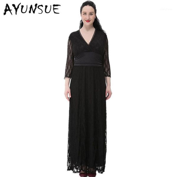 

maxi dresses for women elegant long party dress 2020 autumn vestidos lace hollow out robe longue femme plus size 6xl hj2471, Black;gray