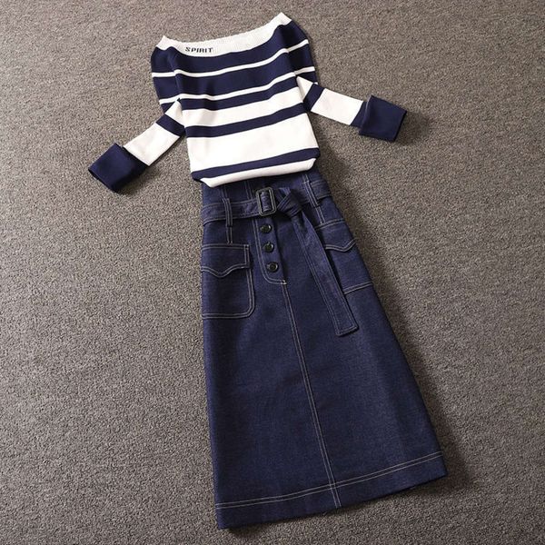 

single / suit large women's autumn new knitwear two piece denim skirt, Black;gray