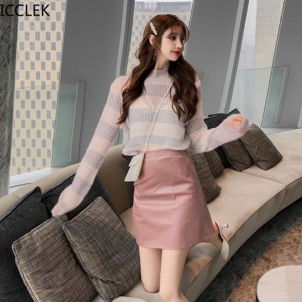 

icclek autumn and autumn women korean loose hit color round neck mohair sweater + high waist a-line leather skirt 2picec set, Gray
