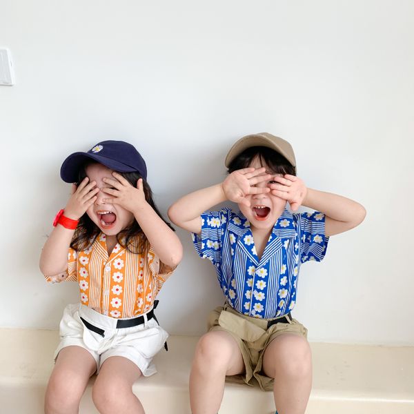 

korean style fashion boys girls floral short sleeve shirts summer children cotton holiday shirt y200704, White;black