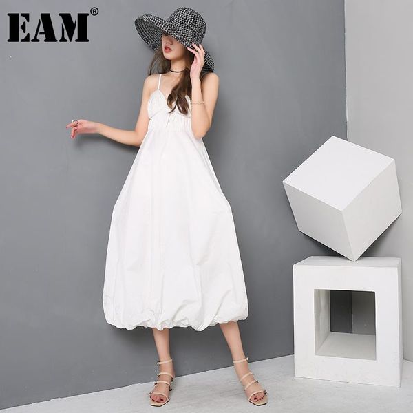 

eam] women white elegant pleated long spaghetti strap dress new sleeveless loose fit fashion tide spring autumn 2021 1z19200, Black;gray