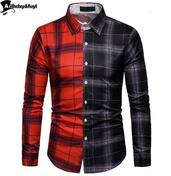 

men plaid shirt fashion stitching color checkered casual long sleeve shirts chemise homme male social camisa masculina plus size1, White;black