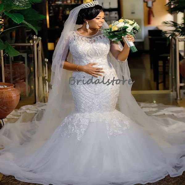 

luxury crochet lace plus size wedding dress 2022 elegant african mermaid boho bridal dress with sleeves country garden bride o neck applique, White