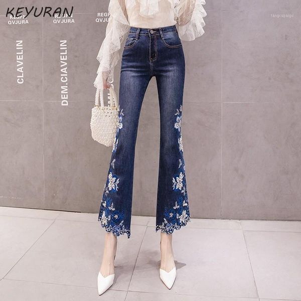 

pearl beading floral embroidery blue high waist flare jeans women boot cut stretch skinny bell bottom denim cropped pants female1