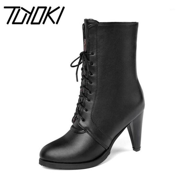 

tuyoki plus size 34-45 women half short boots cross strap office lady winter brand shoes women high heels keep warm fur boots1, Black
