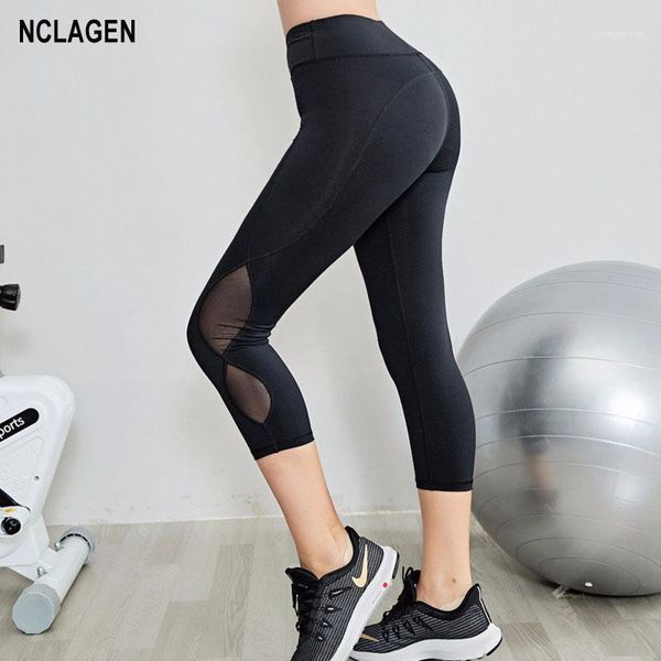 

gym women summer yoga pants sportswear high waist quality mesh fitness sport leggings 3/4 workout push-up running tights nclagen1, White;red