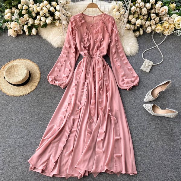 

2021 new female design singer maxi dress sweet autumn neck puff the line stylish fashion streetwear long dresses 8zy7, Black;gray