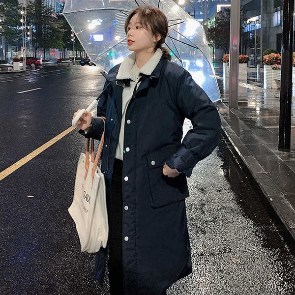 

women's winter jacket x-long solid covered button thick coat ladies turn down collar cotton padded with sashes casual parkas, Black