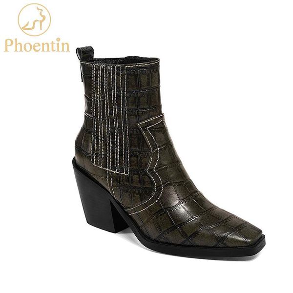 

boots phoentin leather for women pointed toe mid heel ankle thick square slip on western cowboy female ft717, Black