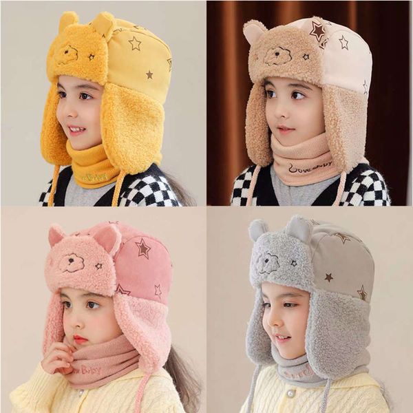 

autumn winter 2-5 years old lei feng scarf set cute cartoon plush children's hat for men and women, Red;brown