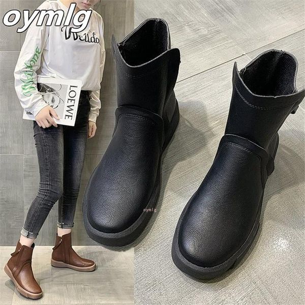 

boots 2021 women leather round toe side zipper ankle autumn winter wear-resistant non-slip comfortable, Black