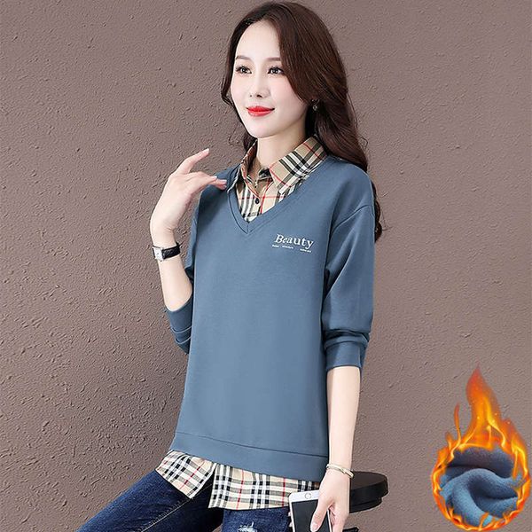 

fake two pieces of sweater women's autumn winter 2020 new loose korean version plush thickened foreign style age reducing bottom top, Black