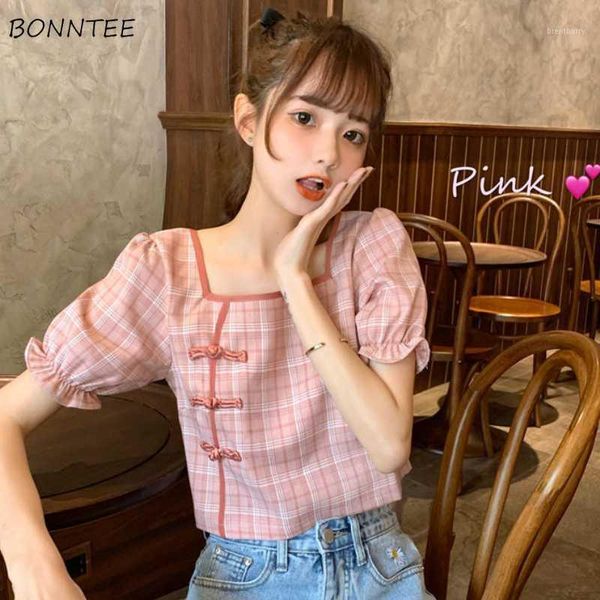 

shirts women oriental retro plaid chinese design novelty summer crop slim sweet girls chic trendy female clothes cute1, White