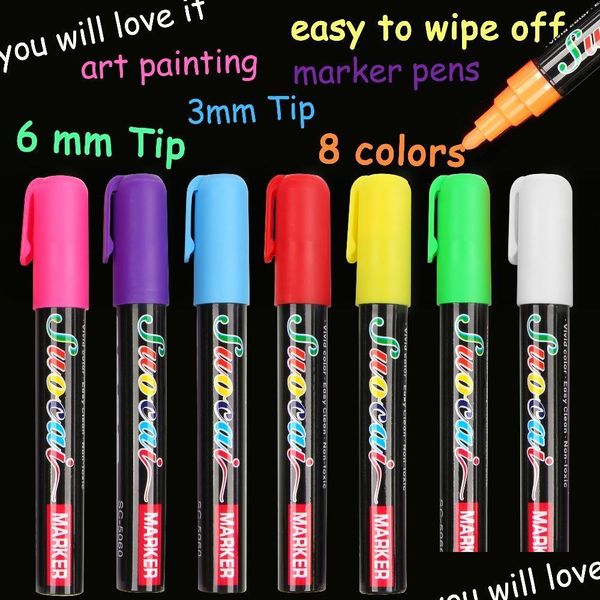 

8 colors highlighter liquid chalk marker pens for school art painting round&chisel tip 6mm 3mm shipping hxgdq
