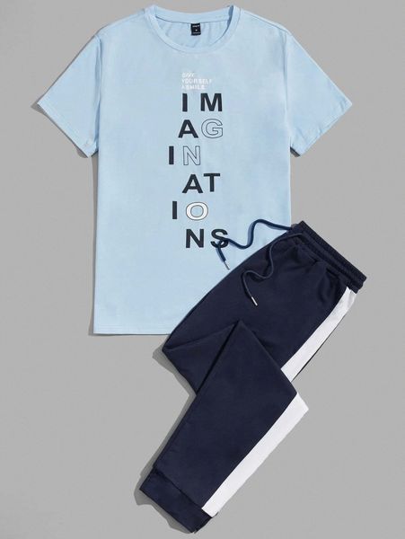 

men slogan graphic tee & side striped sweatpants set h90v#, Gray