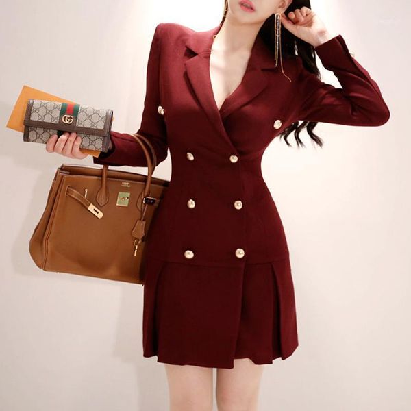 

red wine coat 2020 new women's black windbreaker notched long sleeve button pleated elegant jacket long suit coat1, Black;brown