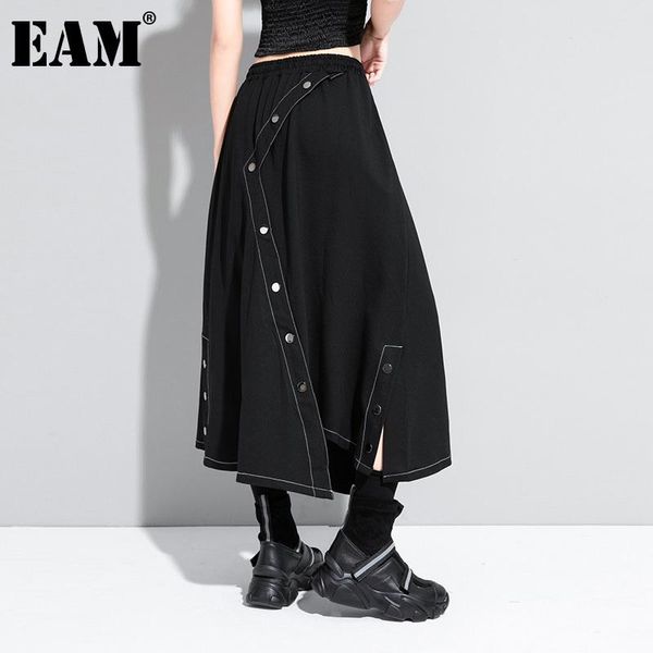 

eam] high elastic waist black button irregular split joint half-body skirt women fashion tide new spring autumn 2020 1z588