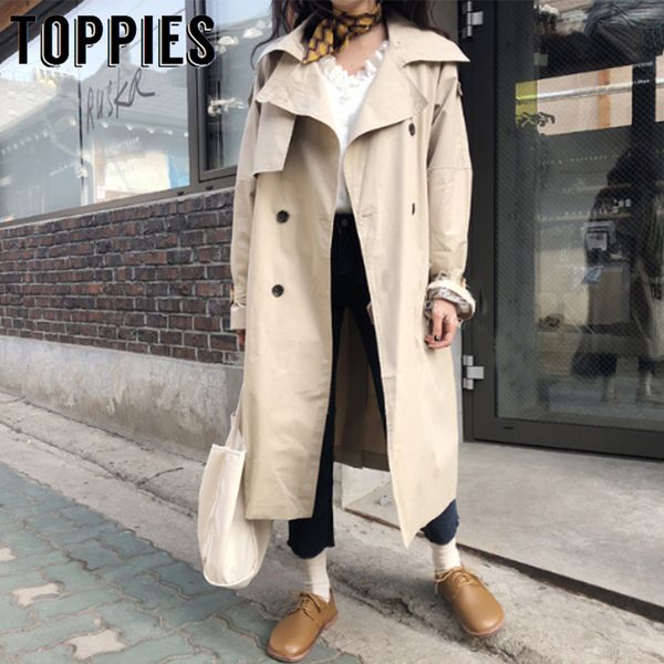 

spring korean trench coat women loose oversize long coat fall female windbreaker double breasted 201111, Tan;black