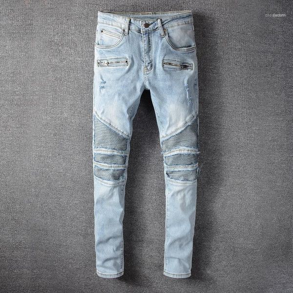 Herrenjeans Männer tragen kleine Fuß-Motorradhosen hellblaue zerrissene Biker-Streetwear-Stretch-Denim-Bleistifthosen1