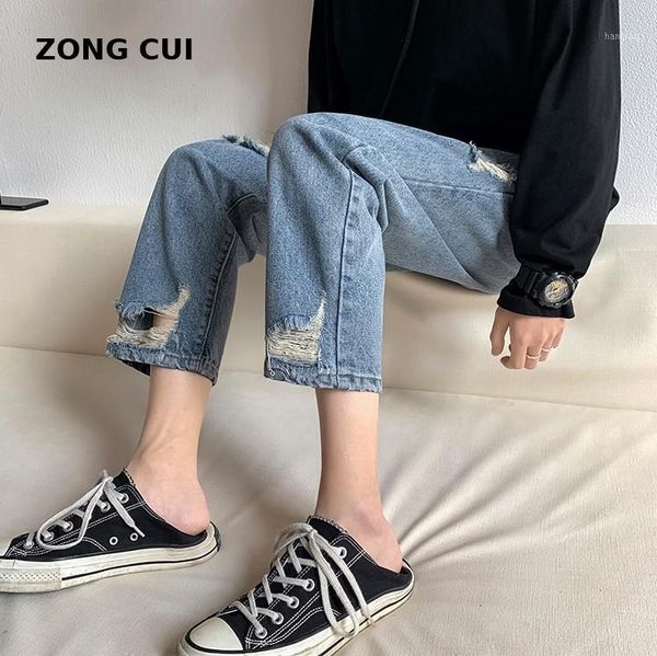 

women's korean version of high waist jeans with holes in the pants 2020 summer loose casual straight leg wide leg 9-point pants1, Blue