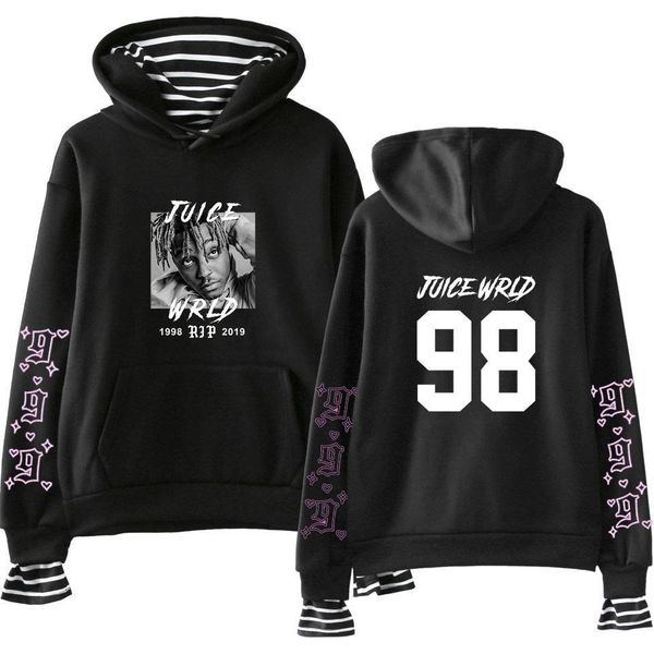 

juice wrld hoodie long sleeve harajuku hoodies juce wrld hoodie kpop fake two hoodies sweatshirt men/women hip hop hoodies, Black