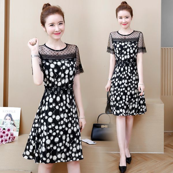 

women ladies will see patchwork lace printed short sleeves plus size xxxxxxxxl thin occasional dress as a party sgxi, Black;gray