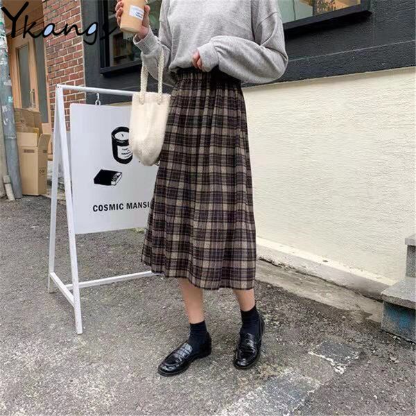 

woolen winter plus size 3xl pleated plaid skirts women warm vintage long skirts ladies office harajuku midi skirts streetwear q1209, Black