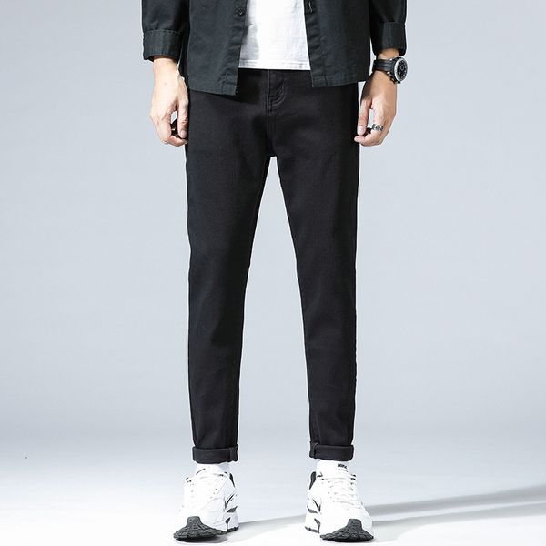 

black jeans korean slim feet elastic pure cotton men's trousers autumn winter thick style fashion, Blue