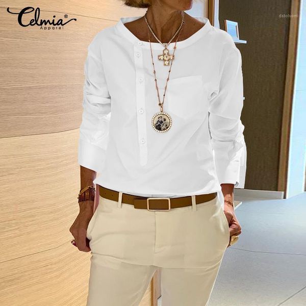 

5xl fashion shirt 2020 autumn long sleeve buttons casual blouses celmia women's tunic casual loose solid blusas femininas 71, White