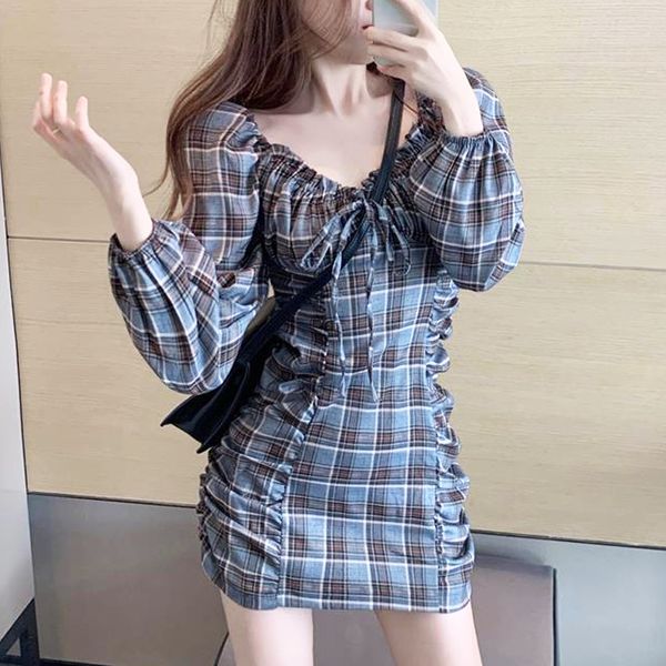

2021 new mini women korea one piece slash neck full sleeve plaid elegant temperament party dress women's clothing fmmg, Black;gray